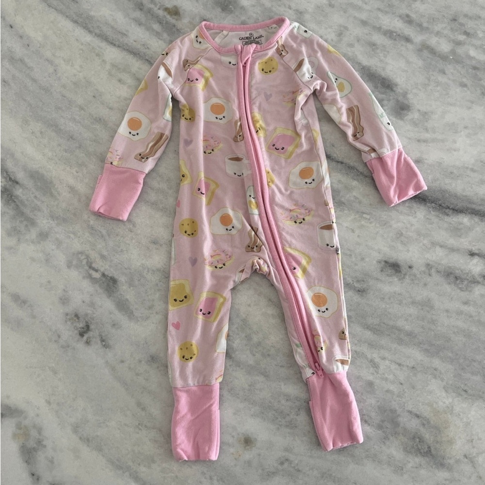 Caden Lane Bamboo Romper Pink Breakfast Design Size 0-3 Months